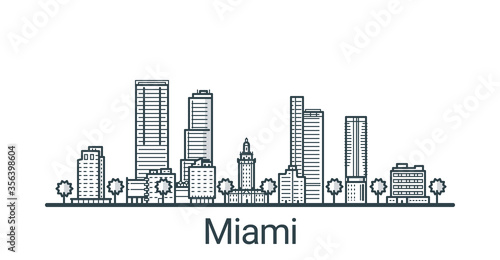 Linear banner of Miami city. All buildings - customizable different objects with background fill, so you can change composition for your project. Line art.