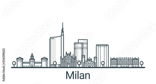 Linear banner of Milan city. All buildings - customizable different objects with background fill, so you can change composition for your project. Line art.