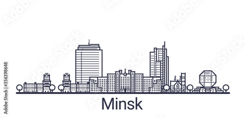 Linear banner of Minsk city. All Minsk buildings - customizable objects with opacity mask  so you can simple change composition and background fill. Line art.