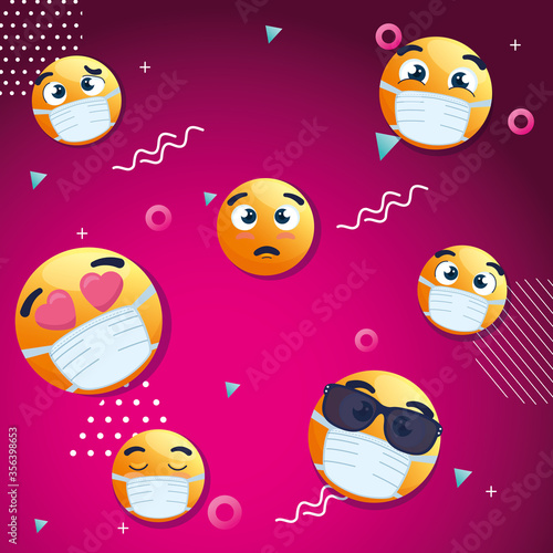 set of emoji wearing medical masks, icons for covid 19 coronavirus in geometric abstract background vector illustration design