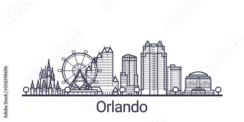 Linear banner of Orlando city. All Orlando buildings - customizable objects with opacity mask, so you can simple change composition and background fill. Line art.