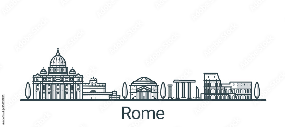 Linear banner of Rome city. All buildings - customizable different objects with background fill, so you can change composition for your project. Line art.