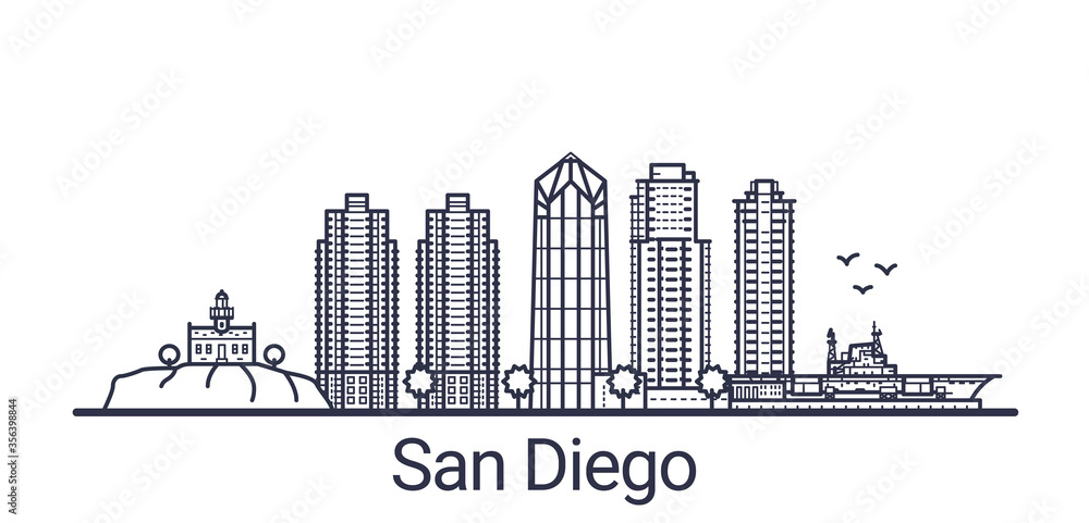 Linear banner of San Diego city. All buildings - customizable different objects with clipping mask, so you can change background and composition. Line art.