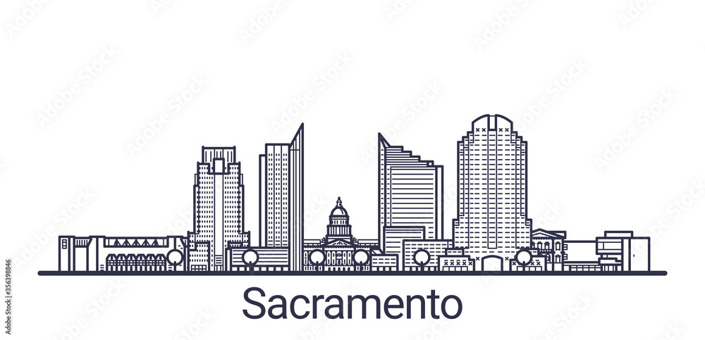 Linear banner of Sacramento city. All buildings - customizable different objects with clipping mask, so you can change background and composition. Line art.