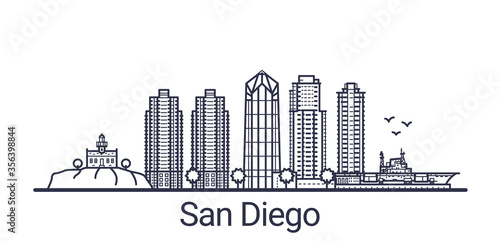 Linear banner of San Diego city. All buildings - customizable different objects with clipping mask, so you can change background and composition. Line art. photo