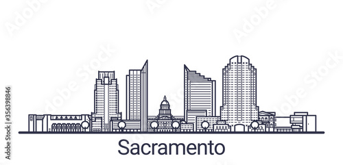 Linear banner of Sacramento city. All buildings - customizable different objects with clipping mask, so you can change background and composition. Line art.