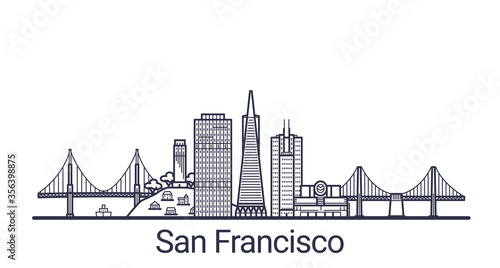Linear banner of San Francisco city. All San Francisco buildings - customizable objects with opacity mask, so you can simple change composition and background fill. Line art.