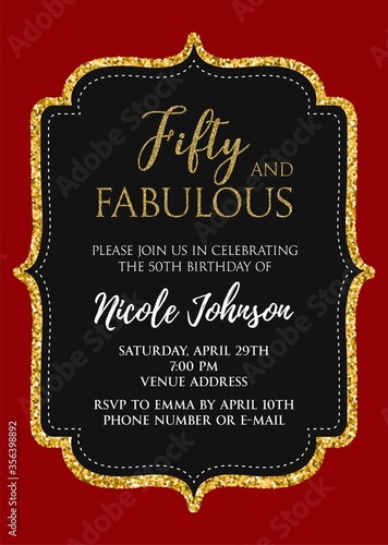 Fifty and Fabulous. Birthday party vector printable invitation card with golden glitter elements.