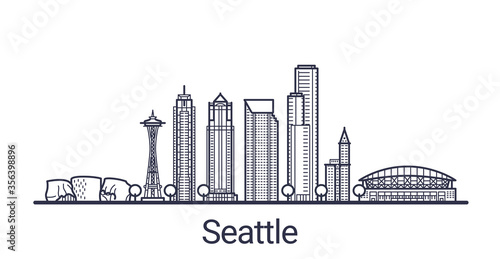 Linear banner of Seattle city. All buildings - customizable different objects with clipping mask, so you can change background and composition. Line art.