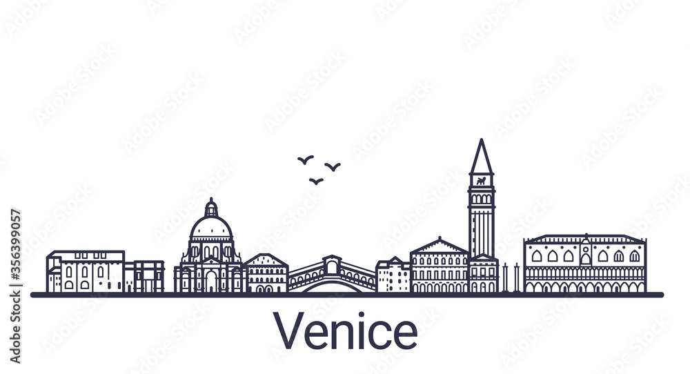 Linear banner of Venice city. All Venice buildings - customizable objects with opacity mask, so you can simple change composition and background fill. Line art.