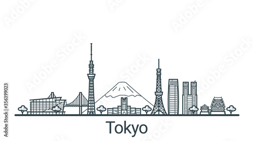 Linear banner of Tokyo city. All buildings - customizable different objects with background fill, so you can change composition for your project. Line art.
