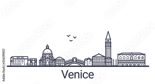 Linear banner of Venice city. All Venice buildings - customizable objects with opacity mask, so you can simple change composition and background fill. Line art.
