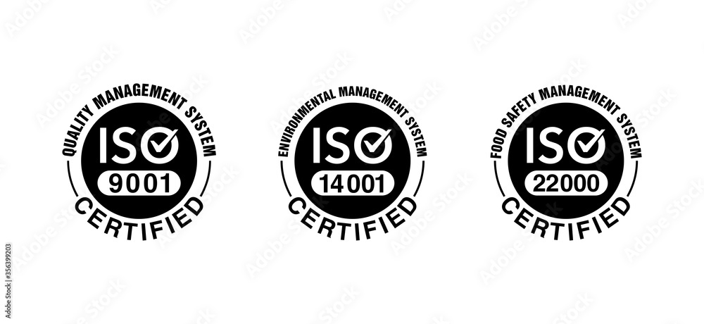 ISO 9001, 14001 and 22000 certified stamp collection - quality management system international standard emblems set - isolated vector sign