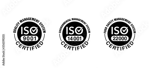 ISO 9001, 14001 and 22000 certified stamp collection - quality management system international standard emblems set - isolated vector sign