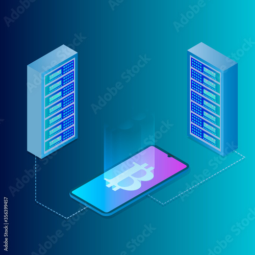 Isometric vector illustration of bitcoin production.Cryptocurrency and the technology of production.Digital monetization and investment in cryptocurrencies.