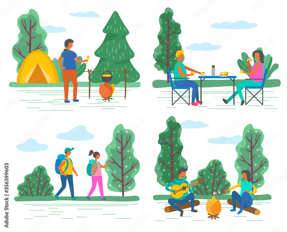 Fototapeta premium Camping and hiking, walking and campfire, outdoor activity vector. Hikers with backpacks, eating at table and playing guitar, bonfire and tents. people sitting on logs in forest illustration