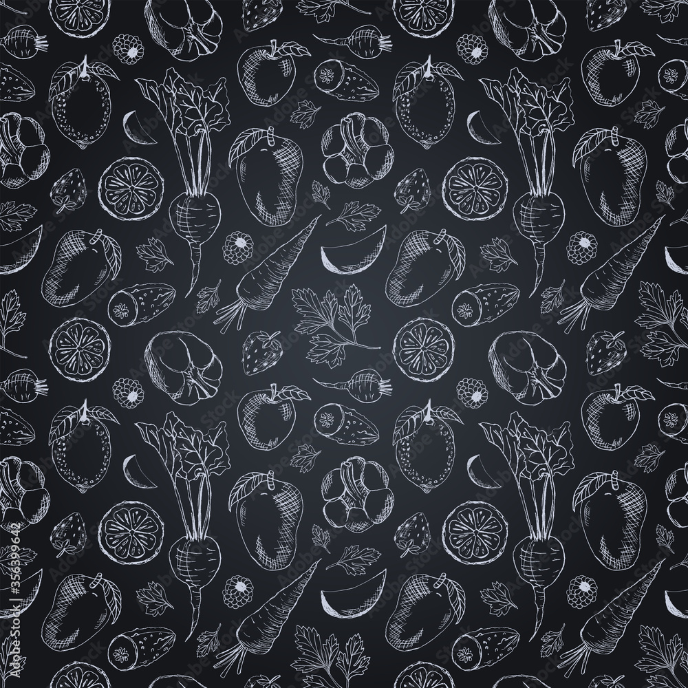 Fruits and vegetables seamless pattern on chalkboard. Black and white 