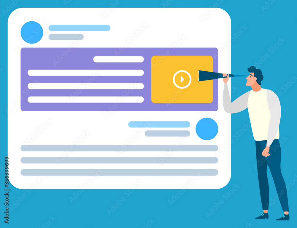 Man looking into white card with captions site. Website for education and business. Person on blue background vector illustration in flat style Man looking into white card with captions site. Website for education and business. Person on blue background vector illustration in flat style