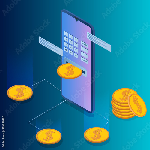 Monetization of Finance online.Isometric image of a smartphone and coins.The concept of paying for services online.Vector illustration.