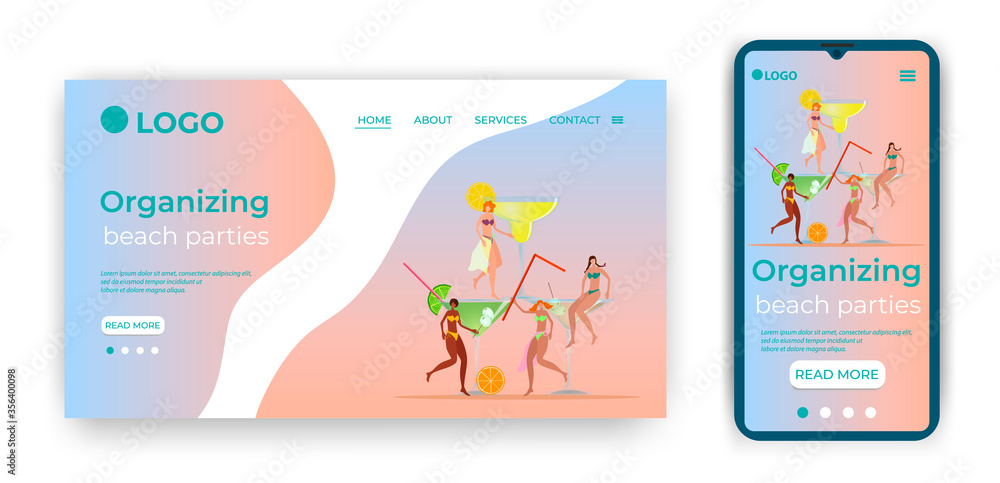 Organizing beach parties.Template for the user interface of the site's home page.Landing page template.The adaptive design of the smartphone.vector illustration.