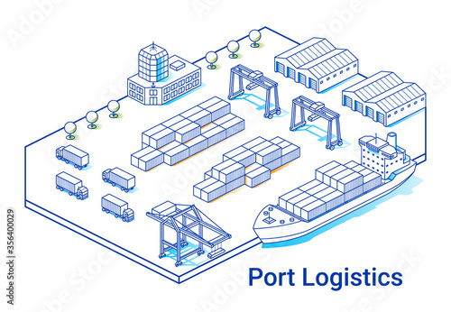 Port logistics illustration in linear isometric style. Minimal art line. Concept with ship, containers, cranes and other buildings.