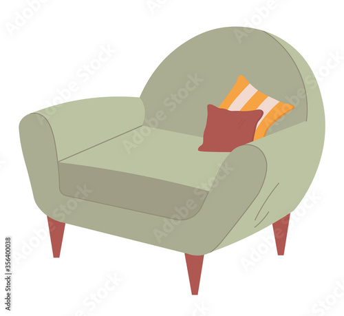 Armchair grey furniture for home vector, sofa with pillows isolated decor for house, interior design flat style, comfortable place to seat, sitting spot