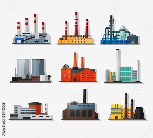 Power plant icons in flat style and shadow. Nuclear power plant and chemical plant, old factory and modern plant. Detailed flat style.