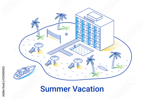 Summer vacation illustration in linear isometric style. Minimal art line. Concept with hotel, palms and yacht.