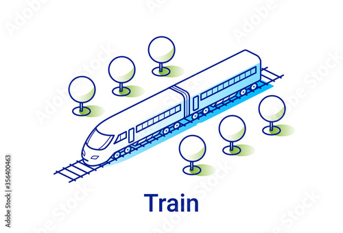 Modern electric train illustration in linear isometric style. Minimal art line.
