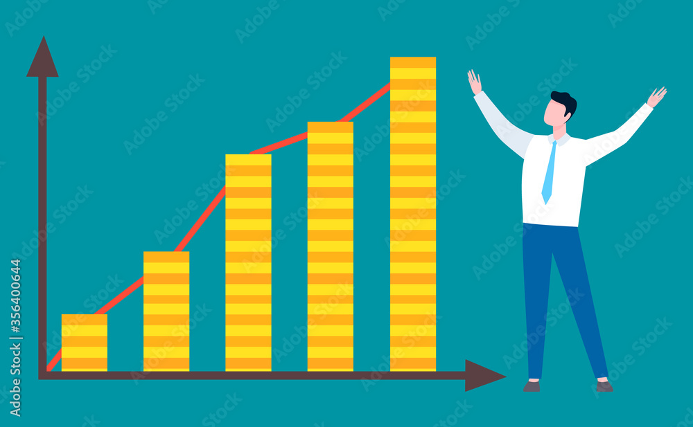 Man standing and rising hands to top of graphs and charts, cartoon person, buys and sales. Vector brokers collaboration, person graph on coordinate system Man standing and rising hands to top of graphs and charts, cartoon person, buys and sales. Vector brokers collaboration, person graph on coordinate system