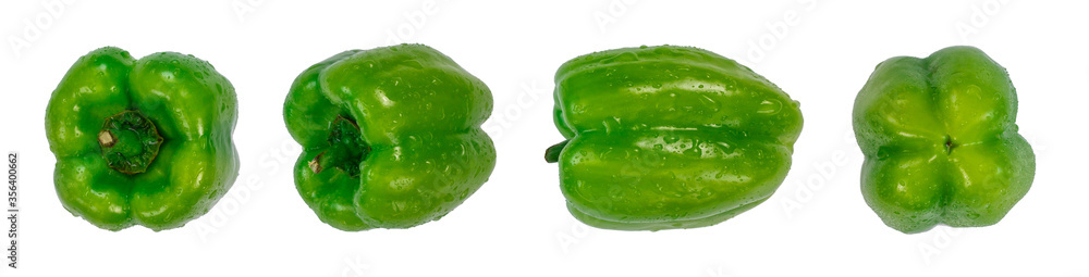 Green sweet bell peppers with water drops isolated on white background, front, side and back view. Fresh vegetable, macro photography Green sweet bell peppers with water drops isolated on white background, front, side and back view. Fresh vegetable, macro photography