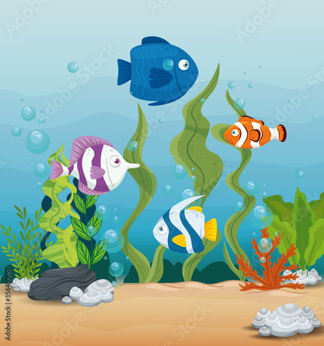 cute fishes wild marine animals in ocean, seaworld dwellers, cute underwater creatures,habitat marine concept vector illustration design