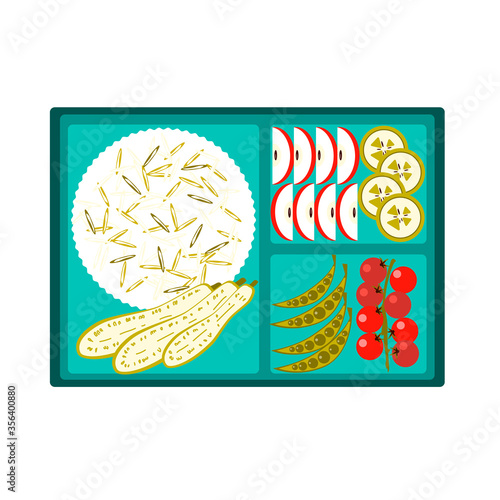 Lunchbox icon. Flat illustration of lunch in box with rice, squash, cherry tomatoes, green peas, apple and banana, vector icon for web