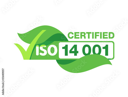 ISO 14001 certified green stamp - environmental management system certification - international standard approved sign  - isolated vector icon