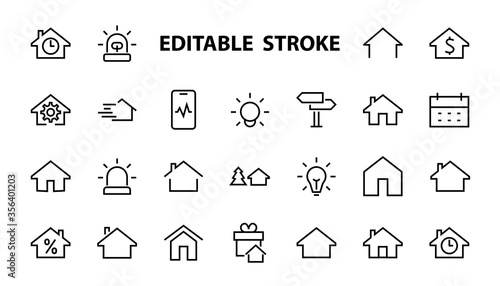 Simple set of line vector home icons. Contains house symbols at interest, infuse house and more. Editable stroke. 480x480 pixels perfect