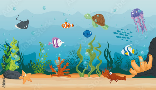 lobster with fish and wild marine animals in ocean, seaworld dwellers, cute underwater creatures,habitat marine concept vector illustration design photo