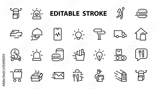 PIZZA DELIVERY, and Food Icon Set Vector thin line, contains courier, home delivery, food ordering, fast transport, drone, ship, car, editable stroke. ICONS circuits