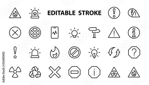 WARNINGS simple set of thin line vector icons. Contains icons such as warning, exclamation mark, reuse, warning sign and more. Editable stroke. Vector illustration