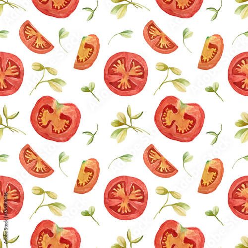 Seamless pattern of tomato, avocado and sprouts. All elements are hand-drawn in watercolor. The pattern for decoration of menus, packaging, packages, napkins, wallpapers, fabrics