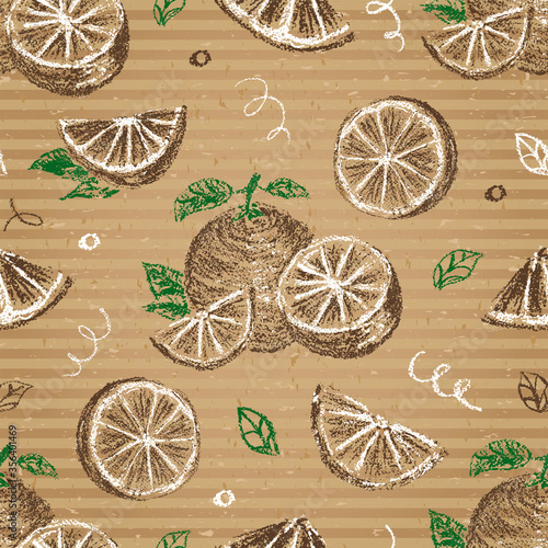 Oranges seamless pattern on cardboard. Hand drawn citrus background 