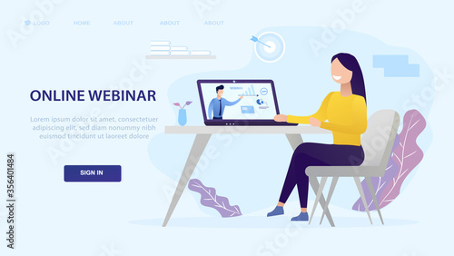 Young beautiful girl studying online through a laptop. Education online training courses vector illustration. tutorials e-learning concept. distance internet studying banner. skill development. Flat