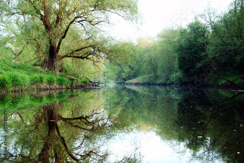 Reflection of green trees and banks in a calm river in the summer. River rafting in summer. Packrafting in wilderness.