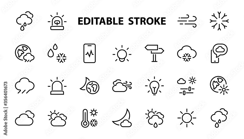 WEATHER set of icons, icons such as weather forecast and clouds, wind, rain, snow, weather settings and sunny weather and much more. Editable stroke, simple vector lines WEATHER set of icons, icons such as weather forecast and clouds, wind, rain, snow, weather settings and sunny weather and much more. Editable stroke, simple vector lines