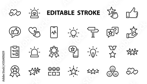 Simple Set Feedback, reviews thin line icons. Evaluation, review, STAR, LIKE and much more, Editable stroke. Vector illustration