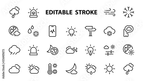 WEATHER set of icons, icons such as weather forecast and clouds, wind, rain, snow, weather settings and sunny weather and much more. Editable stroke, simple vector lines