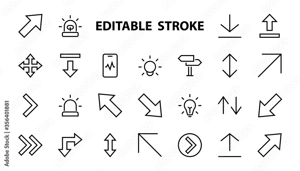 Set of line arrows, directions, arrows, contains icons such as pause, continuation, directly, to the right, Editable stroke. 480x480, On a white background, Vector illustration Set of line arrows, directions, arrows, contains icons such as pause, continuation, directly, to the right, Editable stroke. 480x480, On a white background, Vector illustration