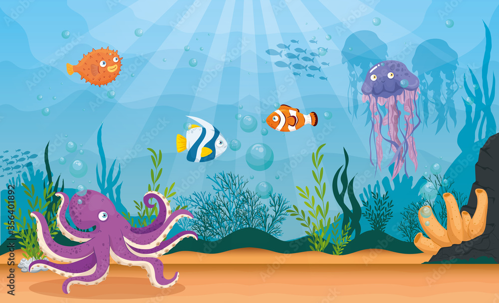 octopus animal marine in ocean, with jellyfish and ornamental fishes, sea world dwellers, cute underwater creatures,habitat marine vector illustration design