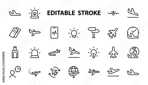 A simple set of airport related vector line icons. Contains badges such as departure, boarding, waiting time, boarding, find a place to travel tickets, and much more. Editable stroke. 48x48 pixels