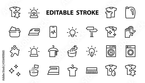 Simple set of washing related vector line Icons. Contains icons such as washing machine, powder, laundry, dirty t-shirt and much more. On a white background, editable stroke. 48x48 pixels perfect