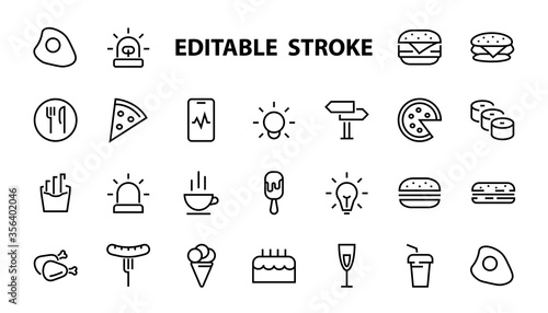 A simple set of fast food icons related to the vector line. Contains icons such as pizza, burger, sushi, bike, scrambled eggs and more. EDITABLE stroke. 480x480 pixels perfect, EPS 10